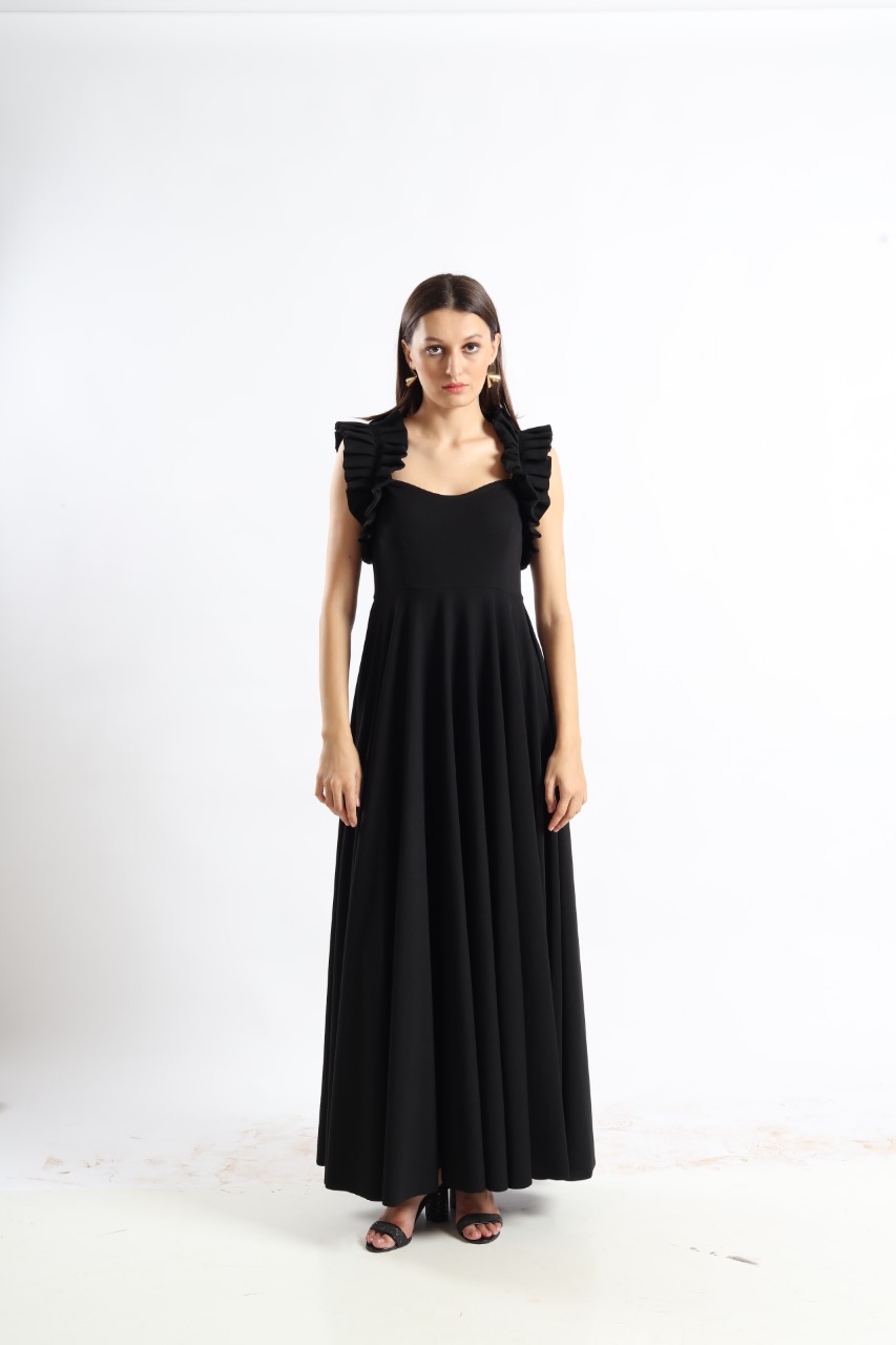 Midnight Elegance Ruffle Maxi Dress