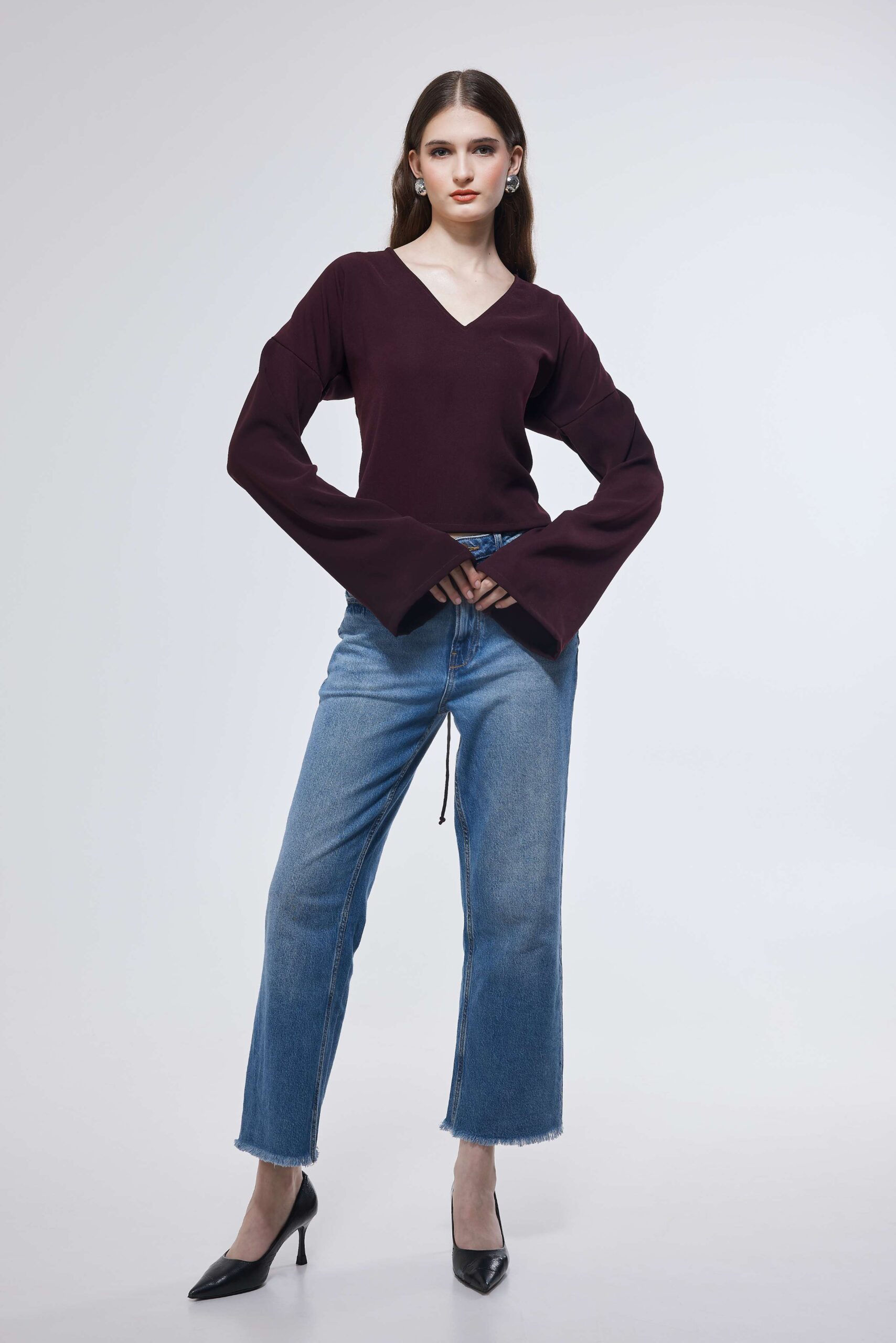 Plum Tie-Back Bell Sleeve Top - Image 2