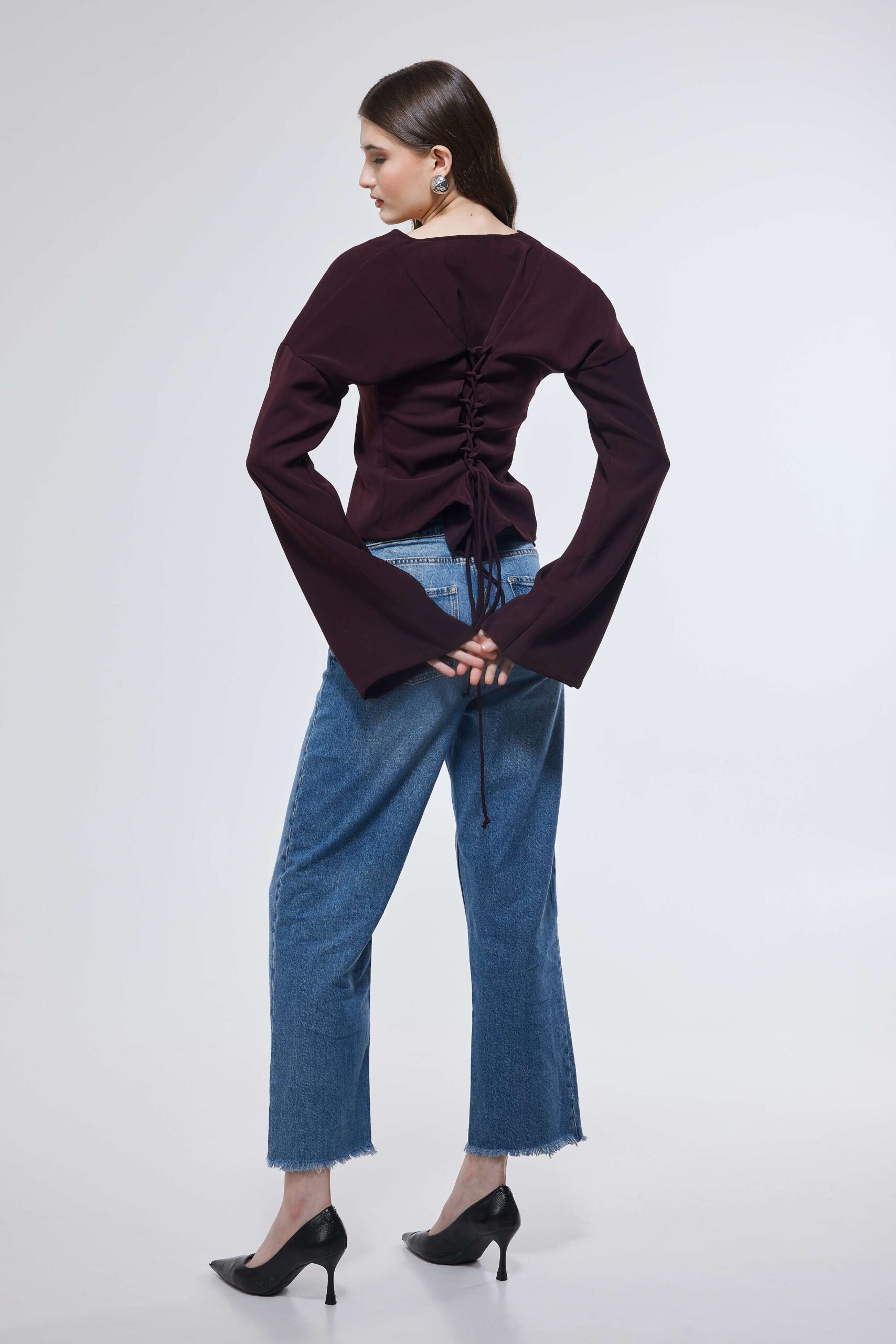 Plum Tie-Back Bell Sleeve Top - Image 3